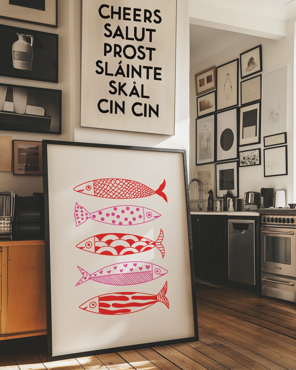 Patterned Red and Pink Sardine Fish Row Poster for Kitchen Decor - Image 2