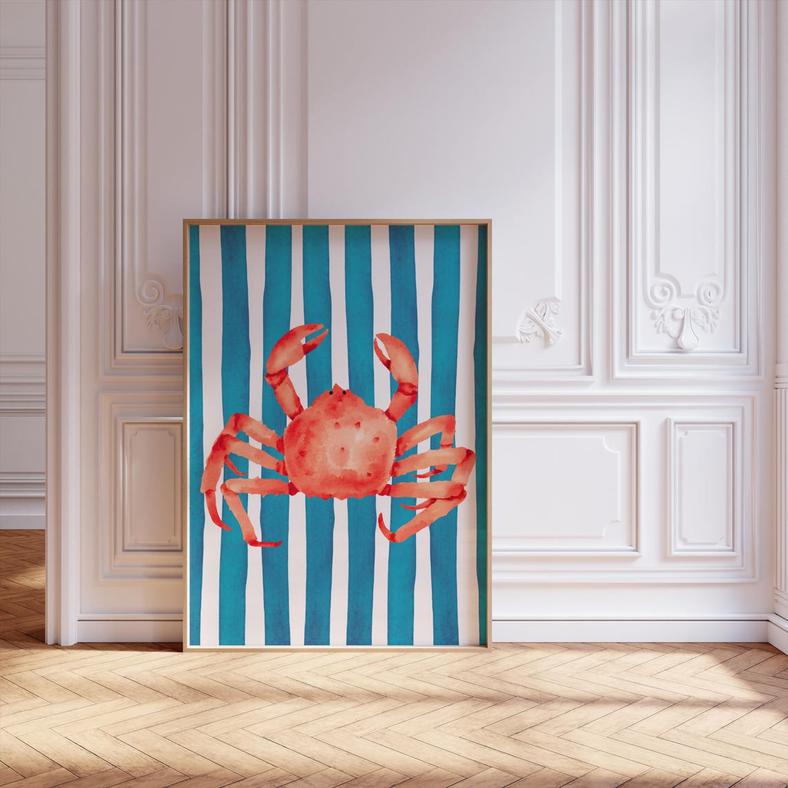 Red Crab Watercolor Blue Stripes Coastal Nautical Art Poster - Image 2