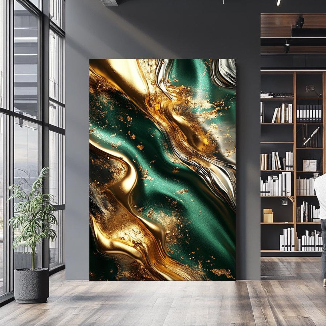 Luxurious Gold Emerald Green Metallic Abstract Swirl Wall Art