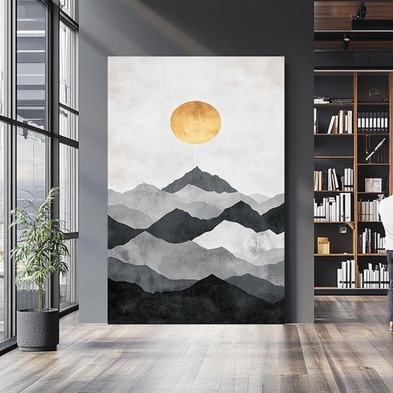 Mountain Landscape Wall Art Modern Minimalist Painting Minimalist Tree And Sun Wall Art Black Gold Painting