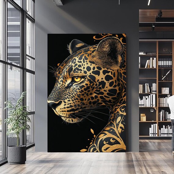 Golden Leopard Head Black And Gold Luxury Wild Cat Portrait Wall Art Poster