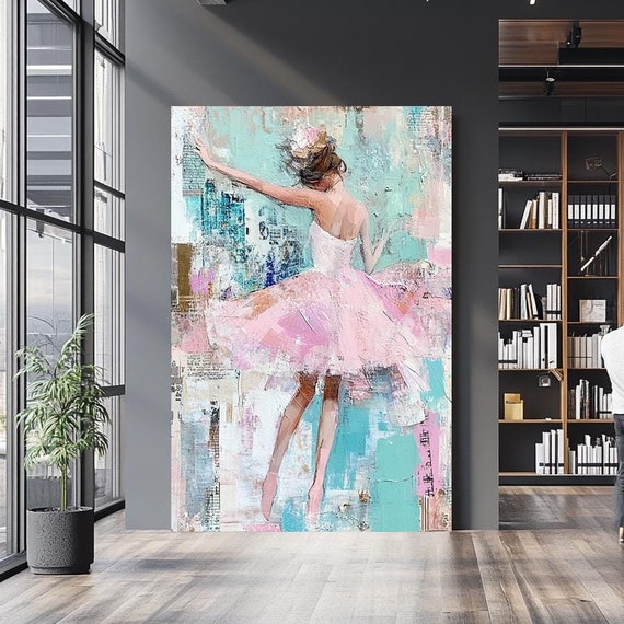 Elegant Ballerina Wall Art Abstract Mixed Media Painting Pink Ballet Dancer Feminine Art Print Modern Home Decor Artwork