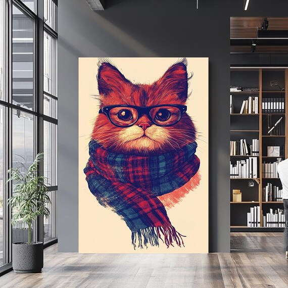 Hipster Cat With Glasses And Plaid Scarf Funny Orange Tabby Wall Art Poster