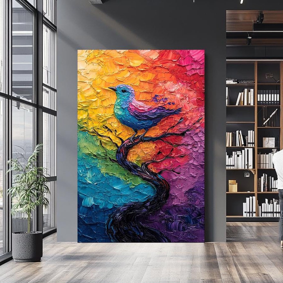 Vibrant Rainbow Bird On Branch Thick Impasto Oil Painting Wall Art