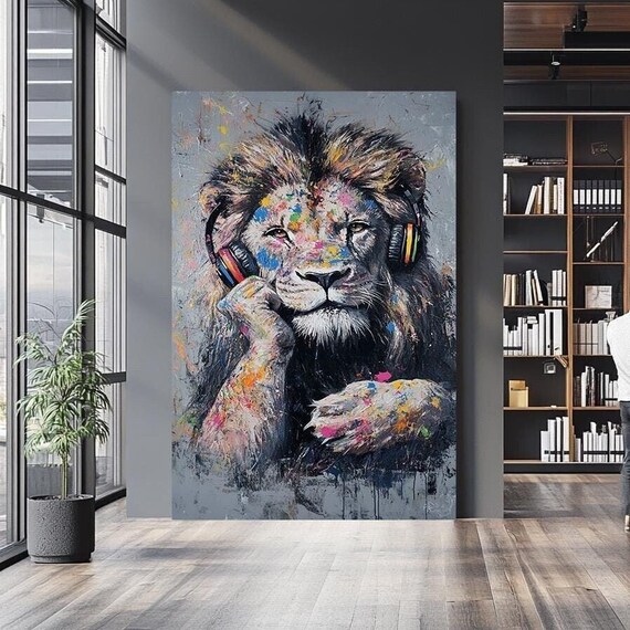 Thoughtful Lion With Headphones Paint Splatter Creative Wildlife Art