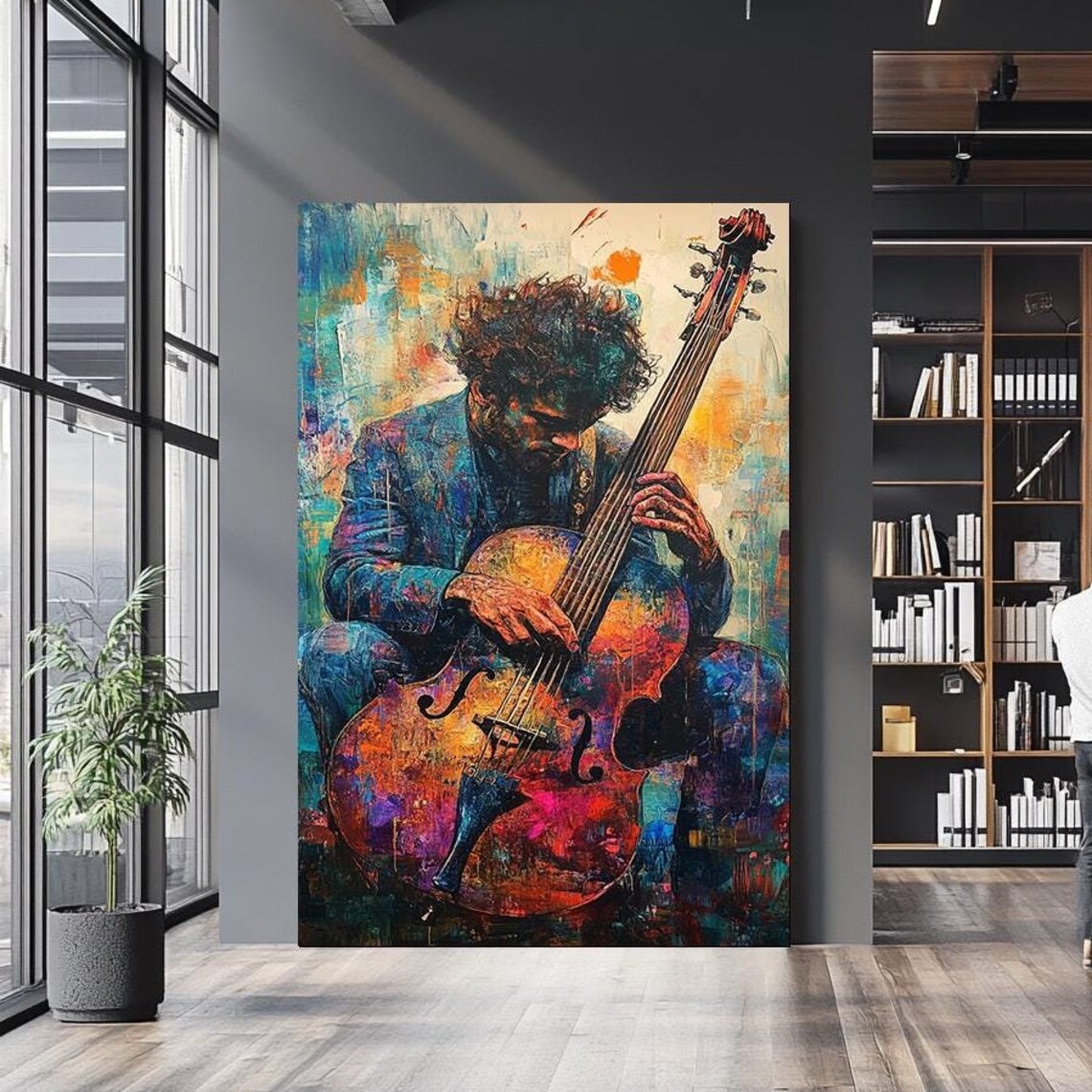 Colorful Double Bass Musician Abstract Painting Jazz Blues Wall Art