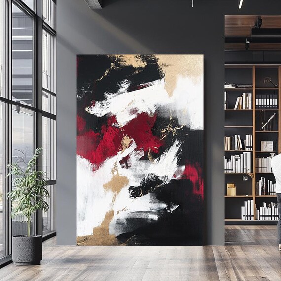 Bold Abstract Wall Art Red Black White And Gold Textured Painting Modern Statement Piece For Contemporary Home Decor