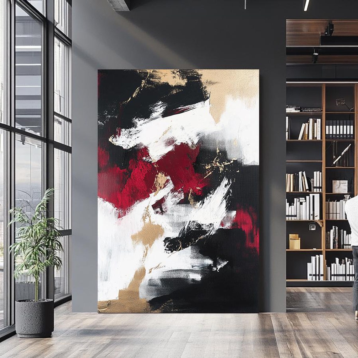 Bold Red Black White Gold Abstract Textured Brushstroke Statement Art