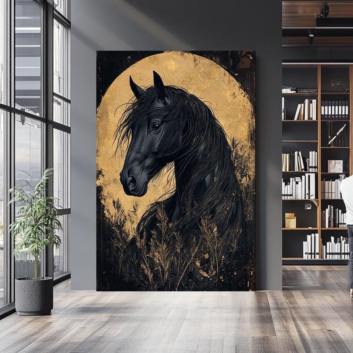 Majestic Black Horse Gold Moon Silhouette Elegant Equine Wall Art