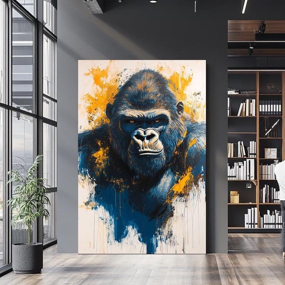 Bold Gorilla Wall Art In Blue And Gold Abstract Wildlife Artwork With Fierce Expression Powerful Animal Decor For Modern Interiors