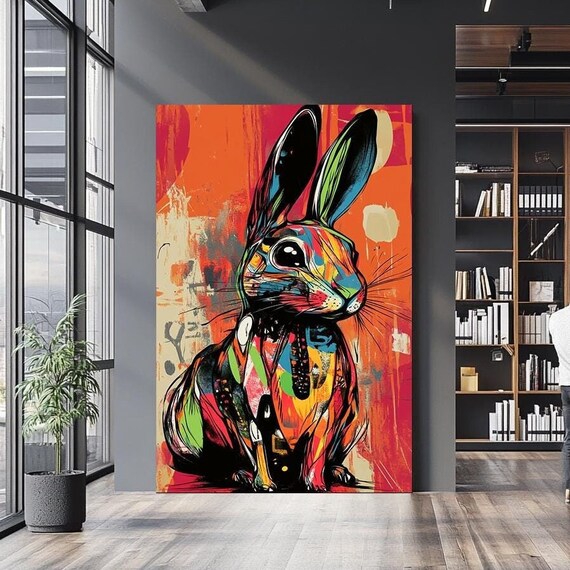 Colorful Rabbit Street Art Style Vibrant Playful Bunny Wall Decor Art