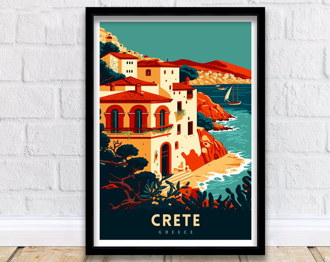 Crete Greece Coastal Village Retro Mediterranean Travel Poster