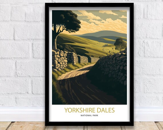 Yorkshire Dales National Park Stone Wall Lane Golden Hills Scene Art Poster