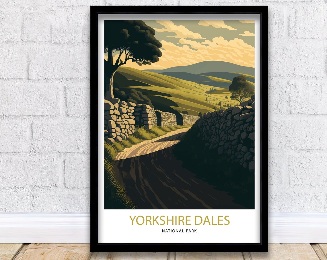 Yorkshire Dales National Park Stone Wall Lane Golden Hills Scene Art Poster