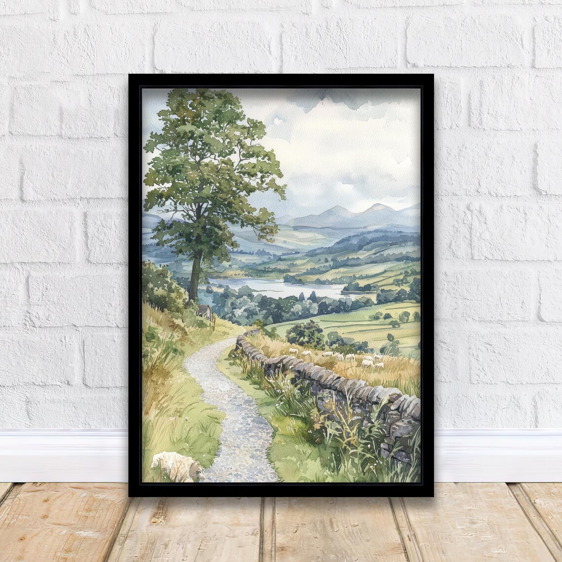 Hawkshead Lake District Countryside Watercolor Path Lake View Poster