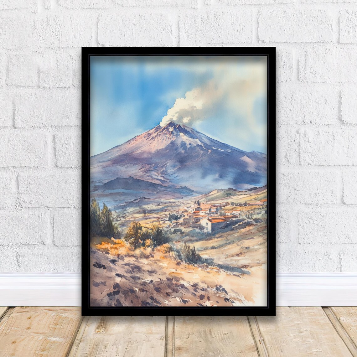 Mount Etna Watercolor Painting, Sicily Volcano Art Print