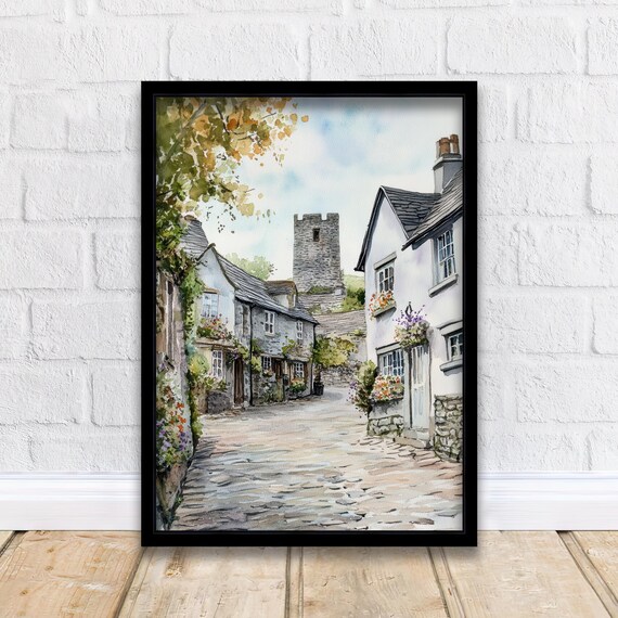 Cartmel Village Lake District Cobblestone Street Watercolor Poster