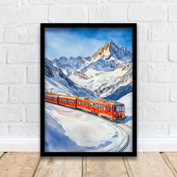Red Alpine Train Crossing Snowy Mountain Winter Watercolor Poster