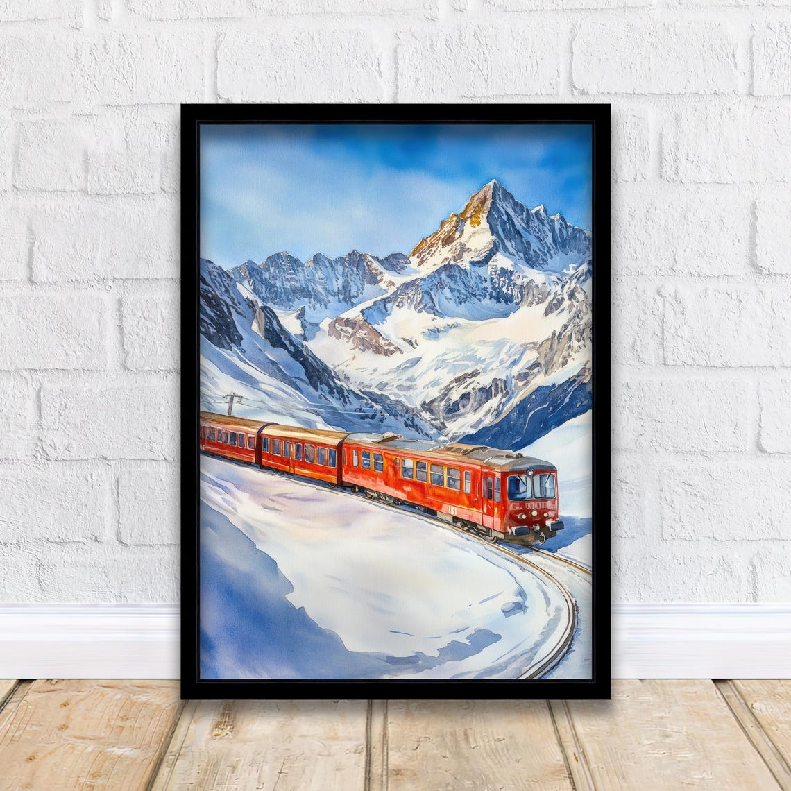 Red Alpine Train Crossing Snowy Mountain Winter Watercolor Poster