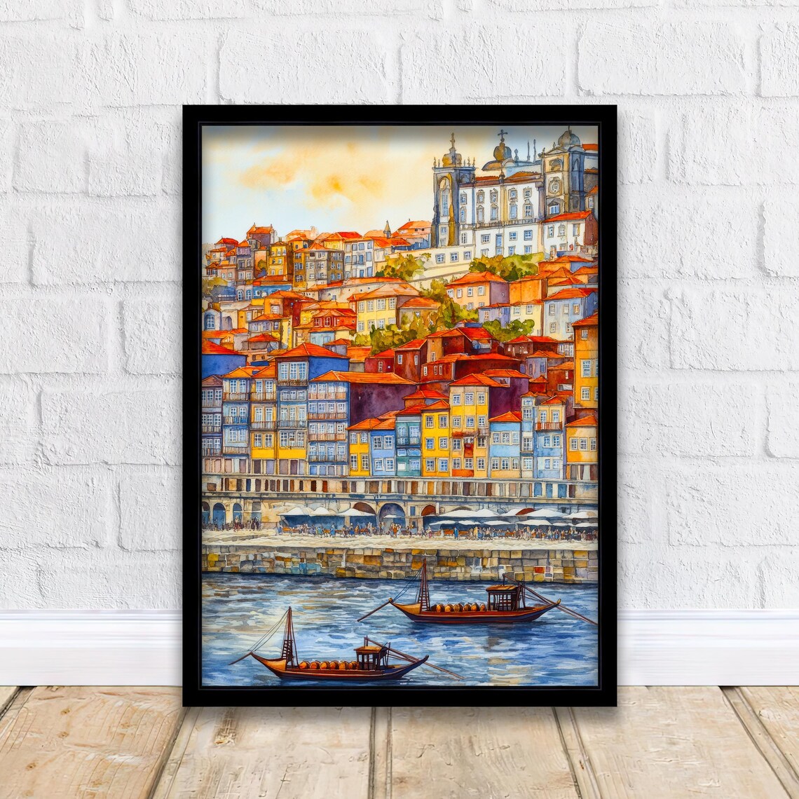 Vibrant European Riverside Old Town Watercolor Cityscape Poster