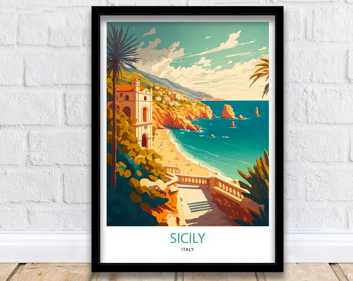 Sicily Italy Golden Coastal Cliffs Old Town Vintage Travel Poster