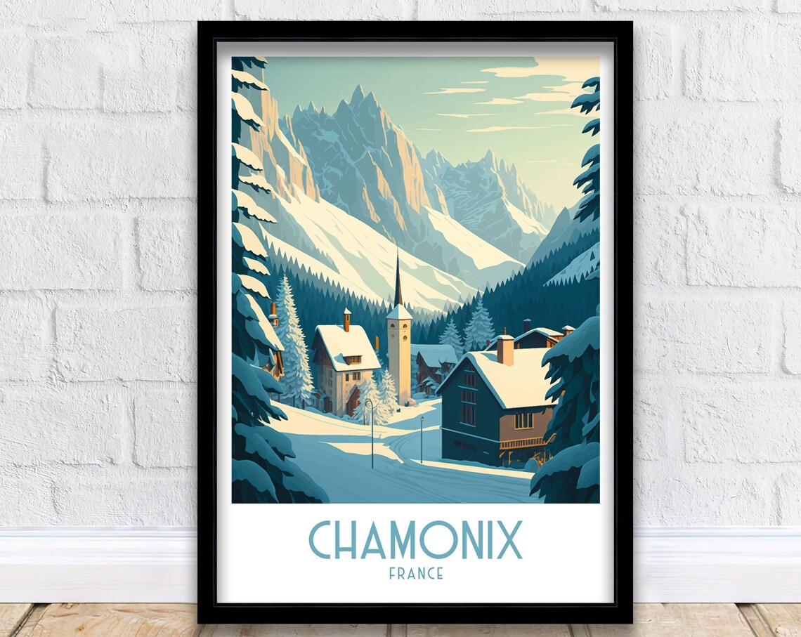 Chamonix Travel Poster, France Skiing Art