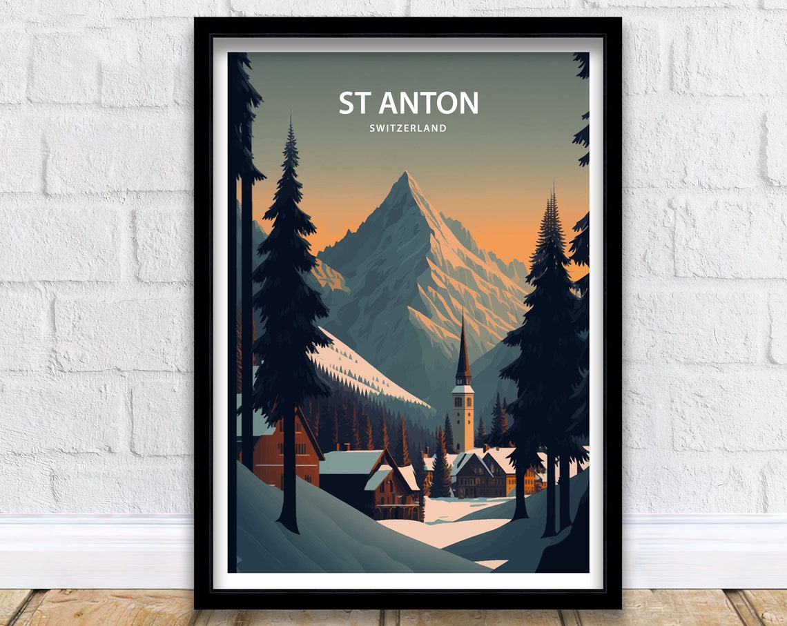 St Anton Switzerland Alpine Village Dusk Mountain Travel Poster