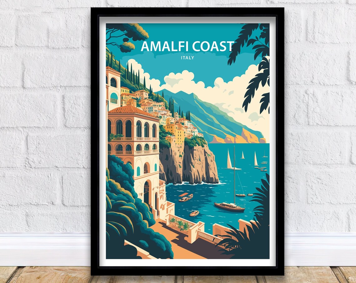 Amalfi Coast Italy Cliffside Village Sailboat Harbor Travel Poster