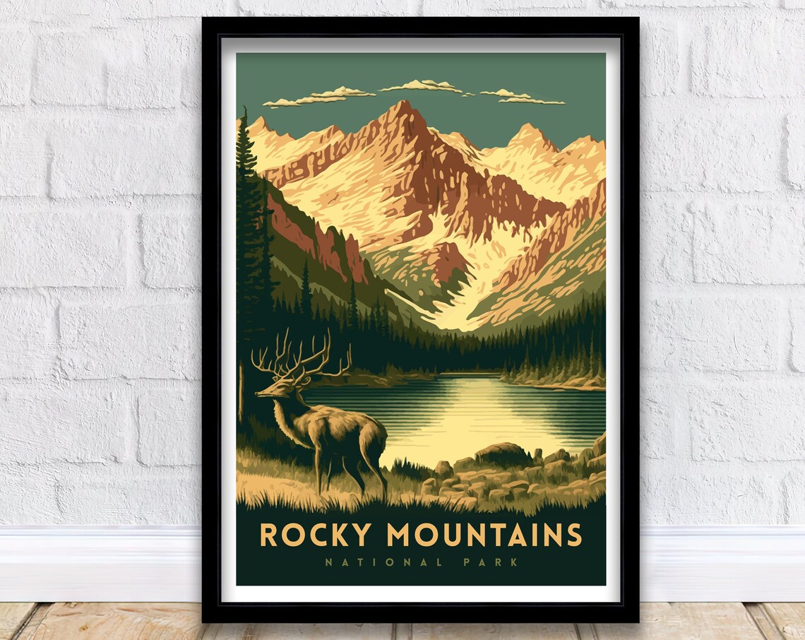 Rocky Mountains National Park Elk Lakeside Vintage Style Poster