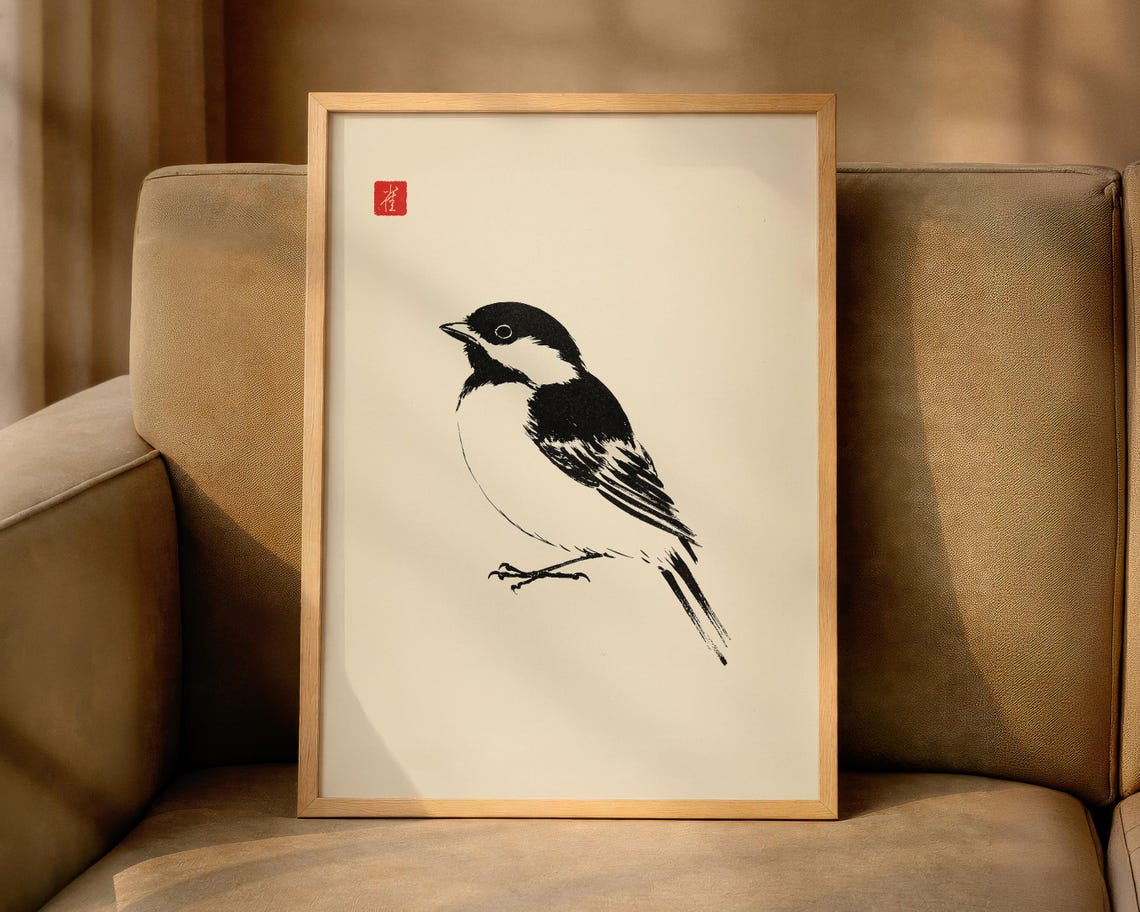 Traditional Japanese Sumi E Ink Tit Bird Minimalist Zen Poster
