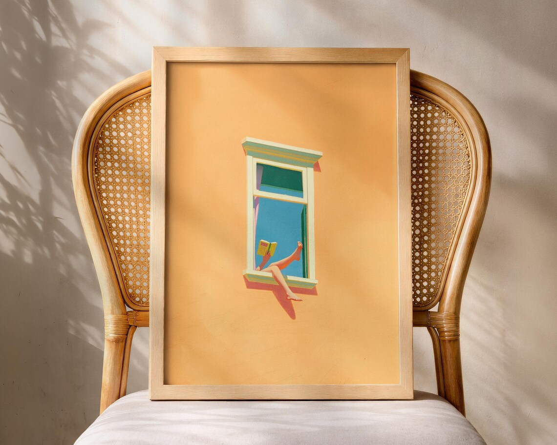Woman Reading with Legs Dangling from a Window Minimalist Art Poster