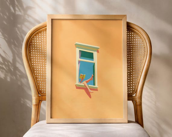 Woman Reading In Window Print Yellow Wall Art Poster Book Lover Gift Summer Vibes Cozy Relax Eclectic Mid Century Modern Decor