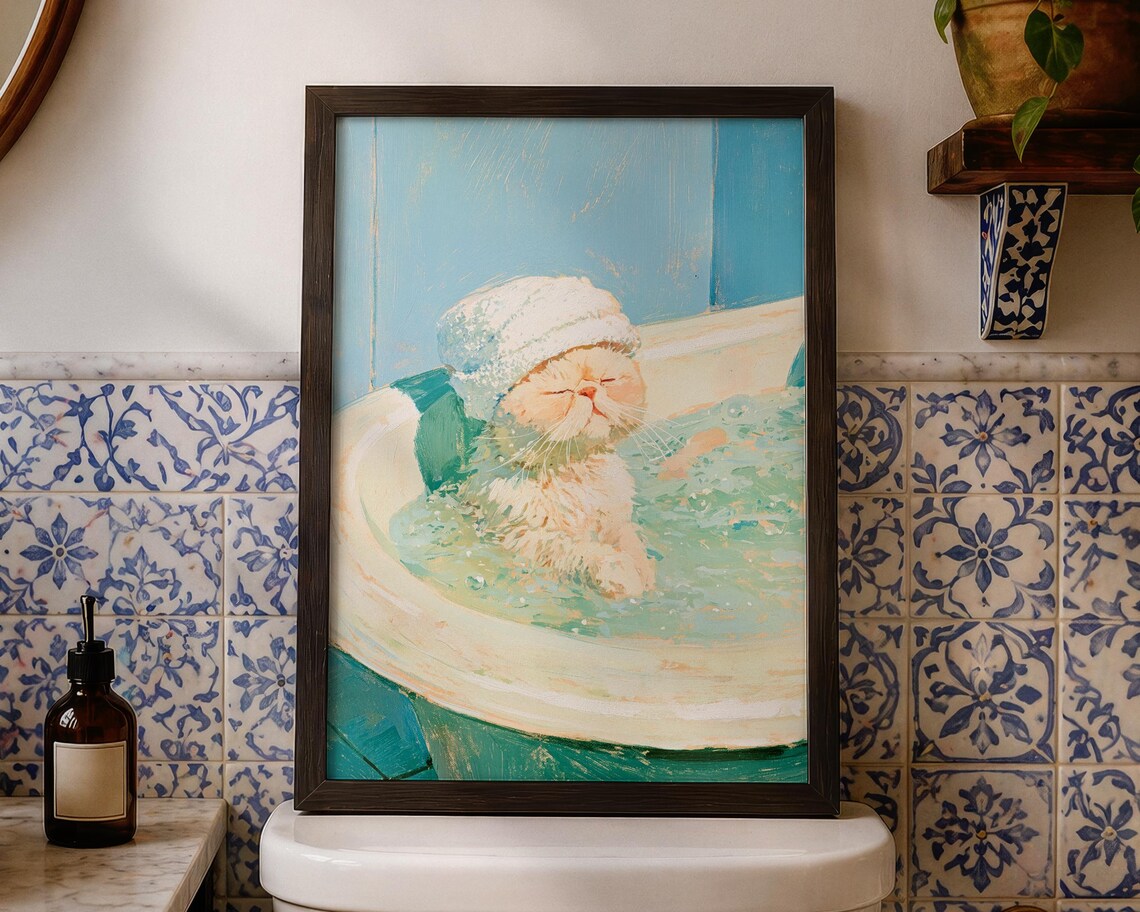 Cream Cat In Bubble Bath Shower Poster Cute Bathroom Funny Pet Wall Decor