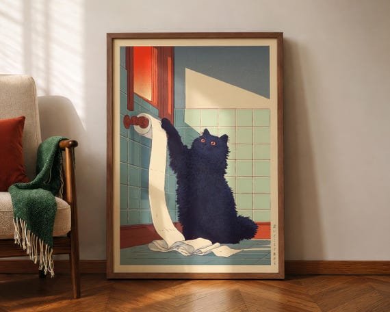 Japanese Cat Poster Toilet Paper Print Funny Bathroom Wall Art Hasui Kawase Hiroaki Takahashi Style Shinhanga