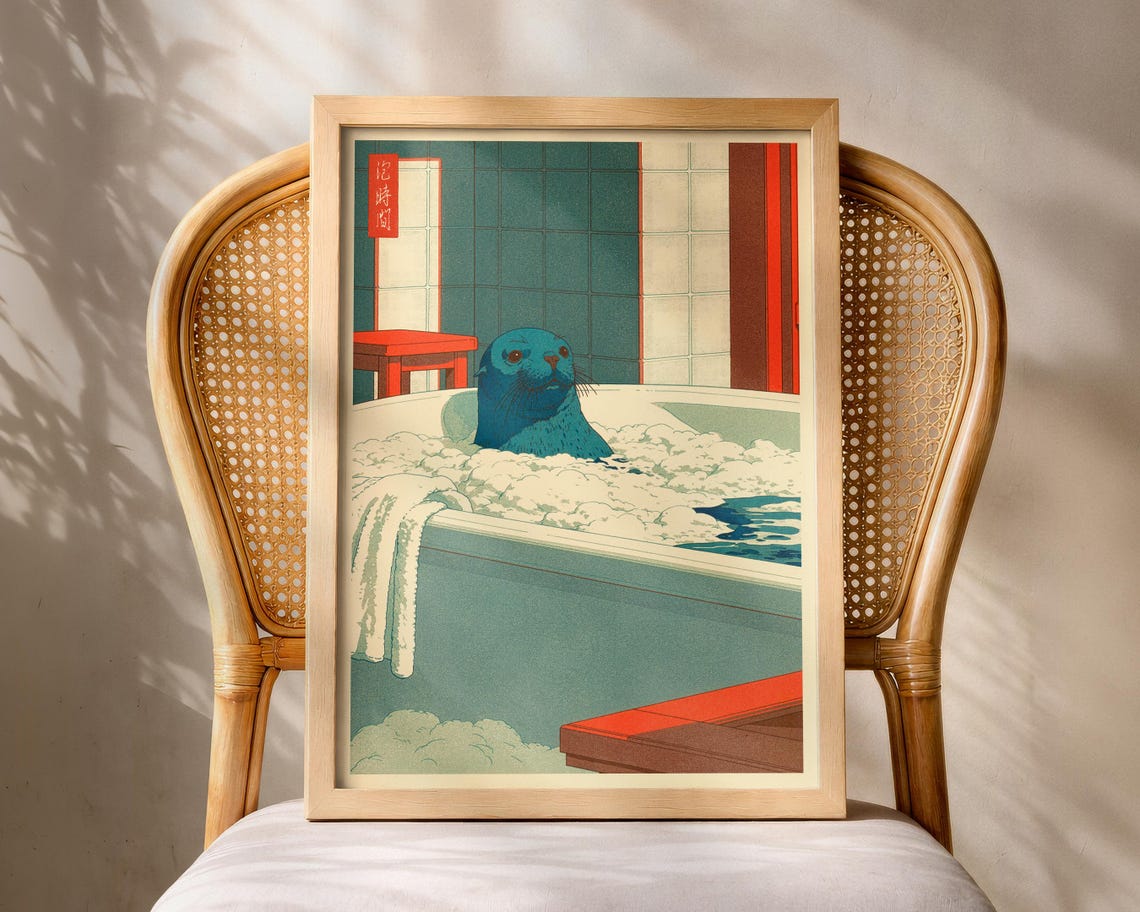 Japanese Sea Otter Bathhouse Bubble Bath Japanese Style Art Poster