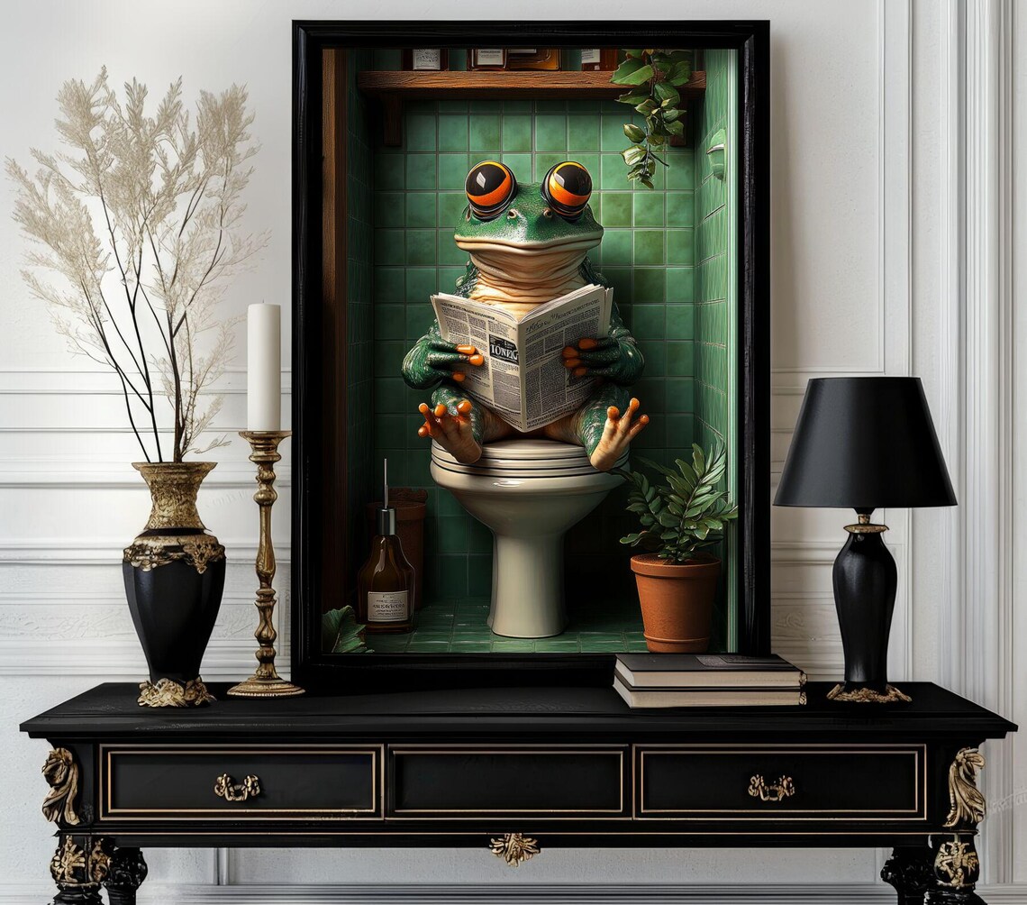 Big Eyed Frog Reading Newspaper on Toilet Bathroom Humor Poster