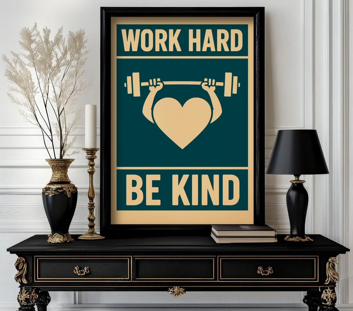 Work Hard Be Kind Barbell Heart Vintage Gym Motivational Poster