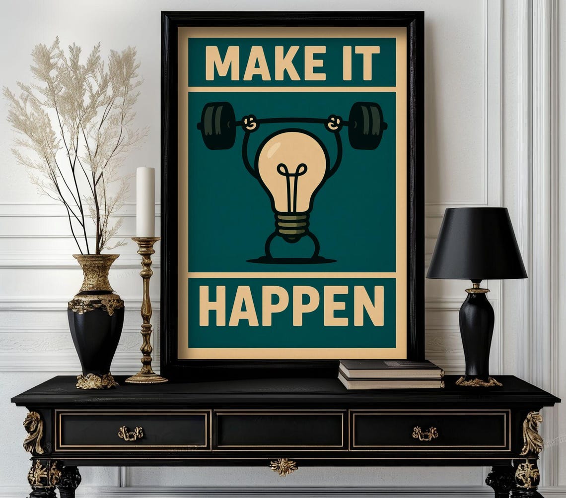 Make It Happen Weightlifting Lightbulb Retro Gym Motivation Poster