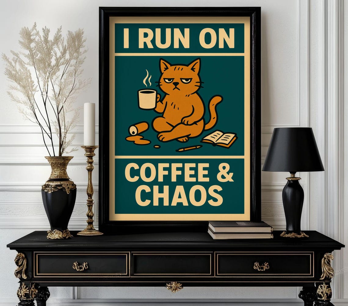 I Run on Coffee and Chaos Grumpy Orange Cat Retro Teal Funny Poster