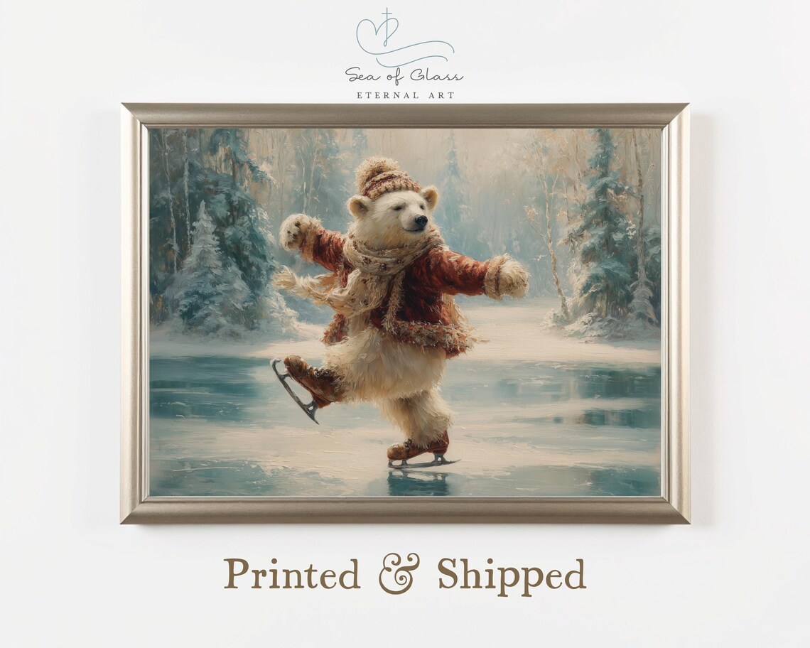 Polar Bear Cub Ice Skating Cozy Winter Oil Painting Christmas Print