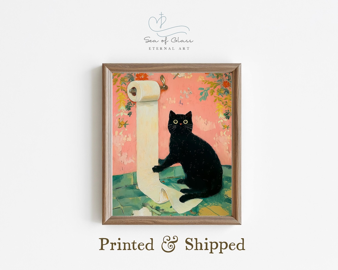 Funny Black Cat Toilet Paper Poster, Bathroom Art