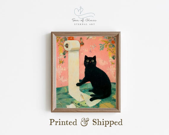 Funny Black Cat Toilet Paper Poster, Bathroom Art