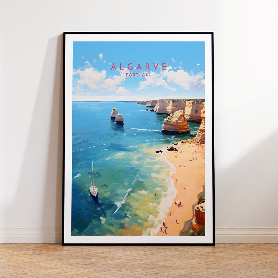 Algarve Portugal Golden Cliffs Beach Travel Poster above the Cove