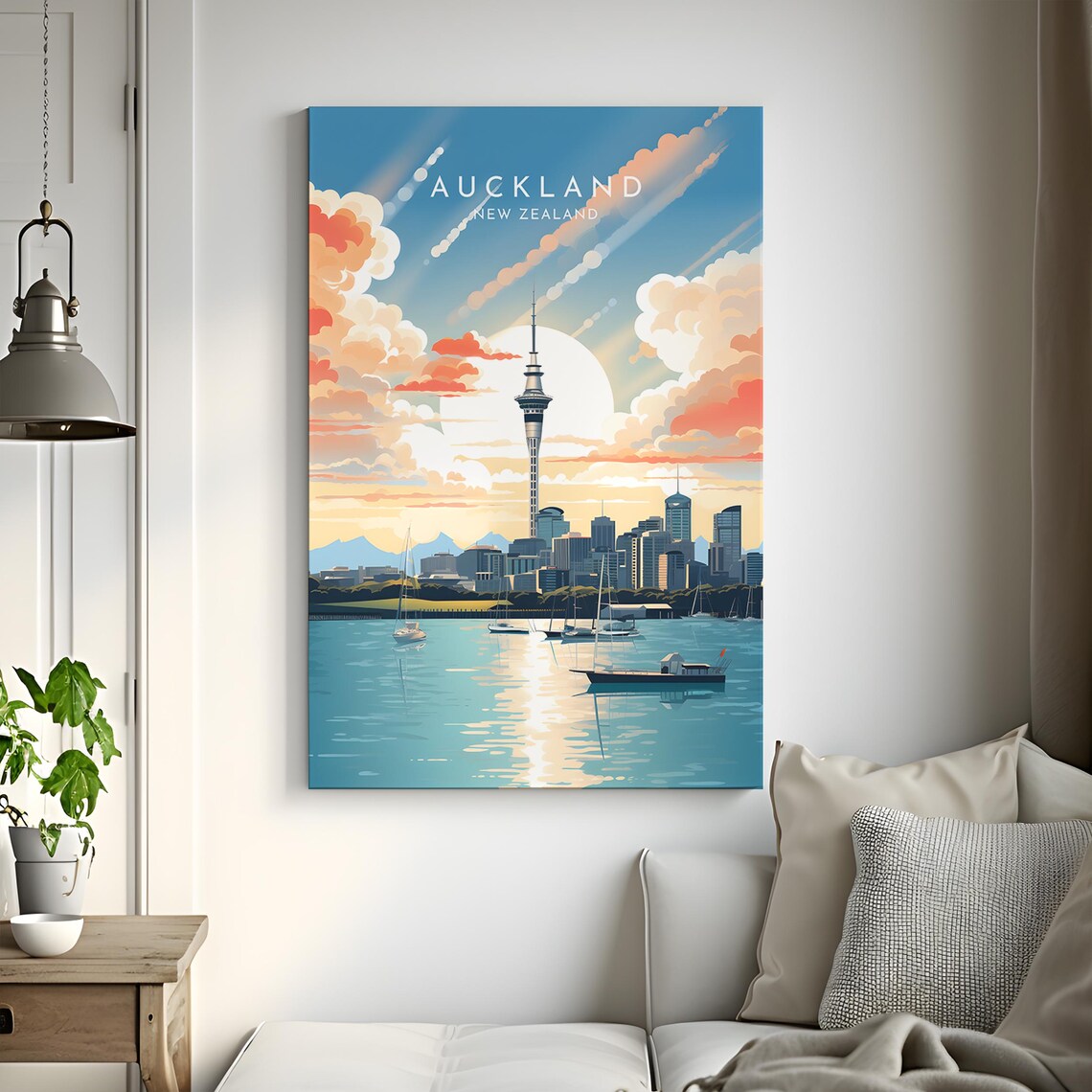 Auckland New Zealand Sky Tower Harbor Sunset Golden Sailboats Poster - Image 3