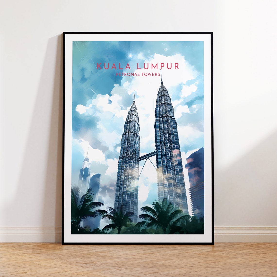 Kuala Lumpur Petronas Towers Watercolor Travel Poster at Daytime