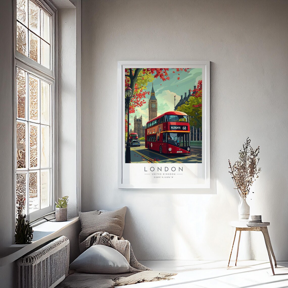 London Big Ben Red Double Decker Bus Autumn Leaves Travel Poster - Image 4