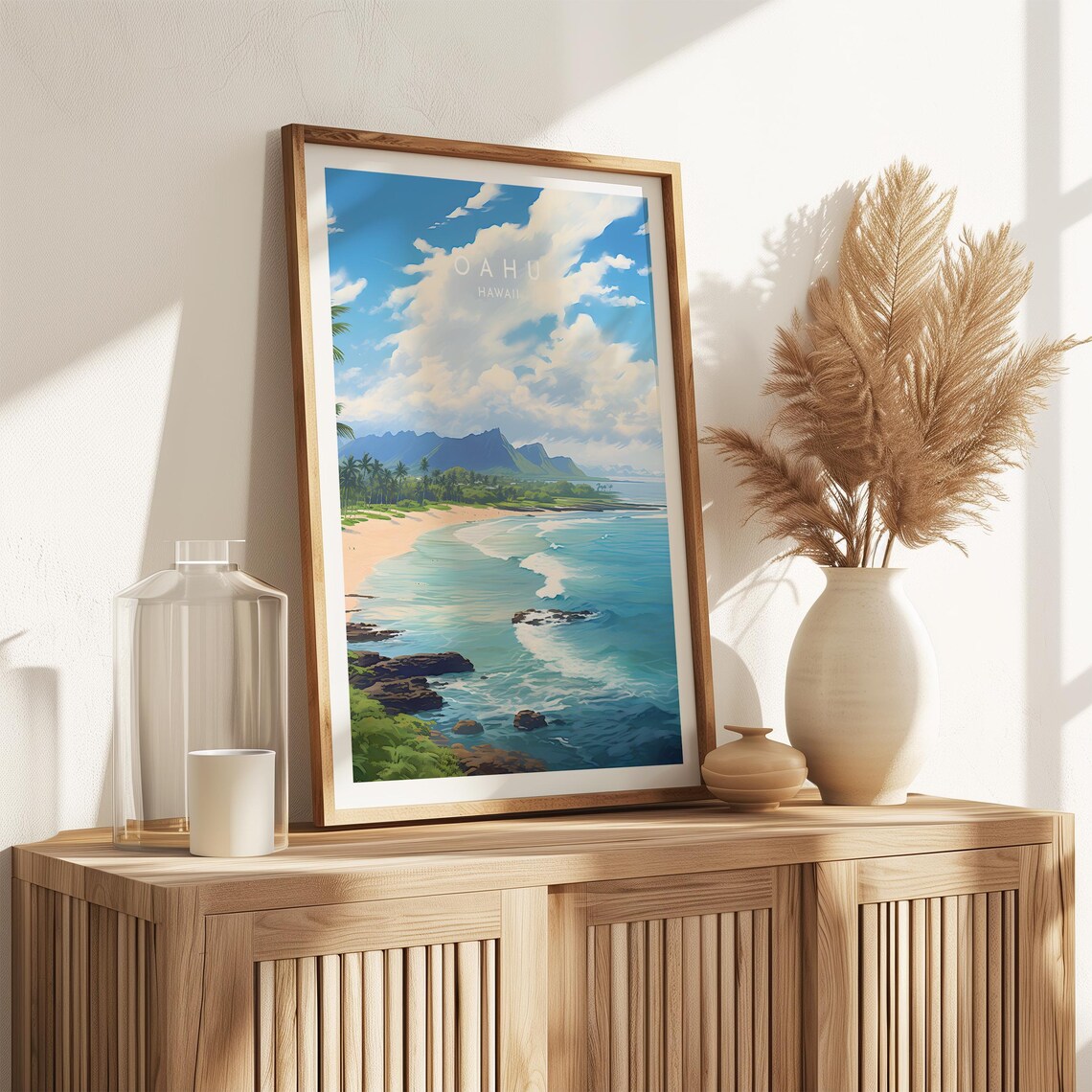 Oahu Hawaii Beach Daytime Turquoise Waves Rocky Coast Travel Poster - Image 2