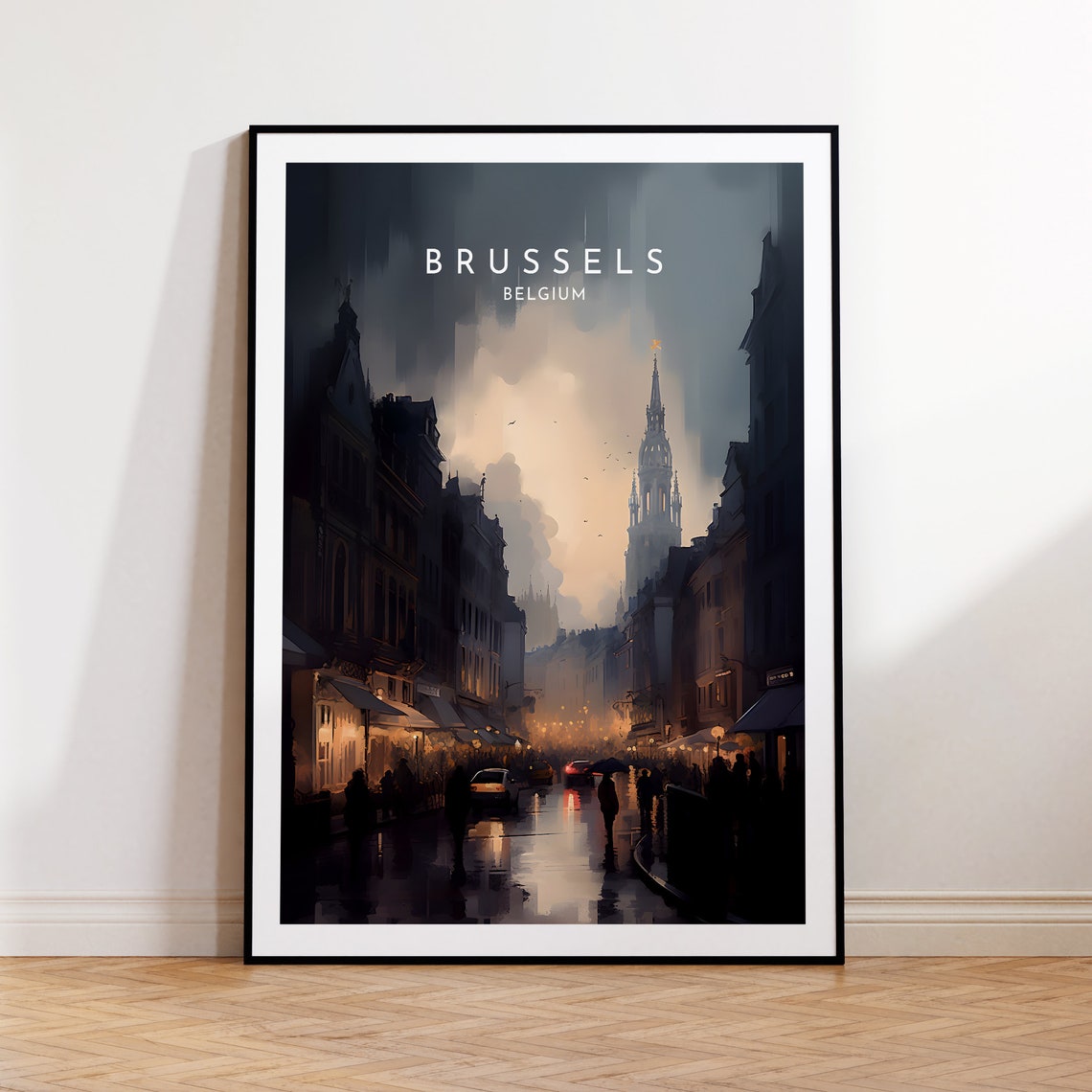 Brussels Belgium Rainy Evening Old Town Street Travel Poster