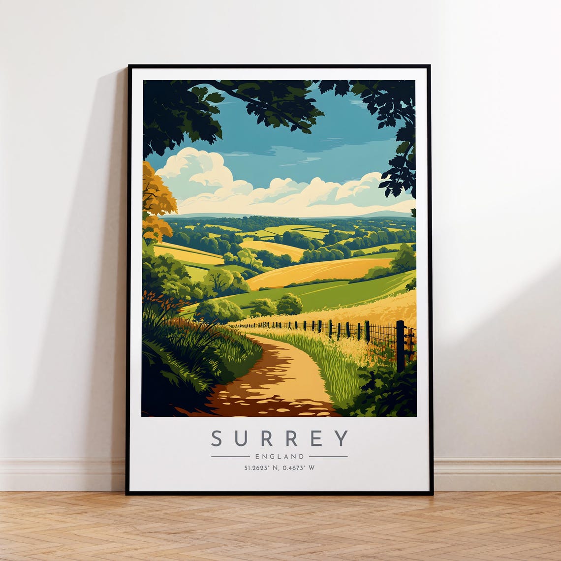 Surrey England Golden Wheat Fields Rustic Fence Country Poster