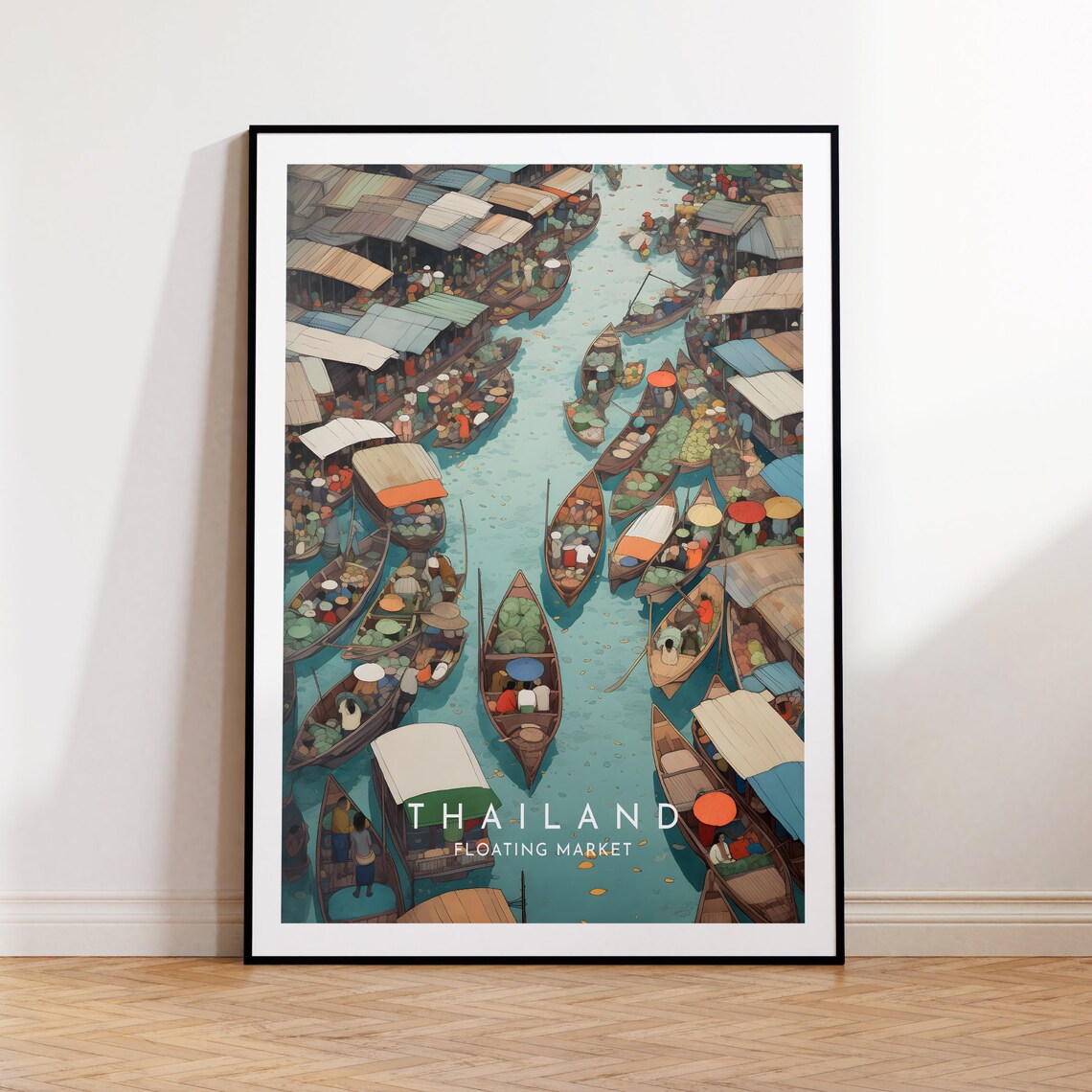 Thailand Floating Market Aerial View Longtail Boats Scene Poster